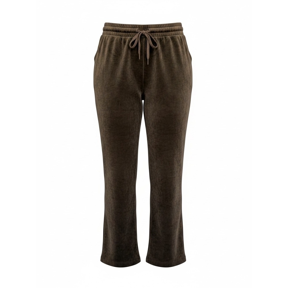 HM Women Velour Lounge Pants Brown Straight Wide Leg Drawstring Pockets Sz Large